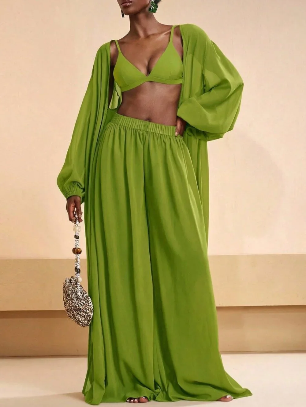 Limelight Green Casual Women's Shirt and Pants Coverup Set